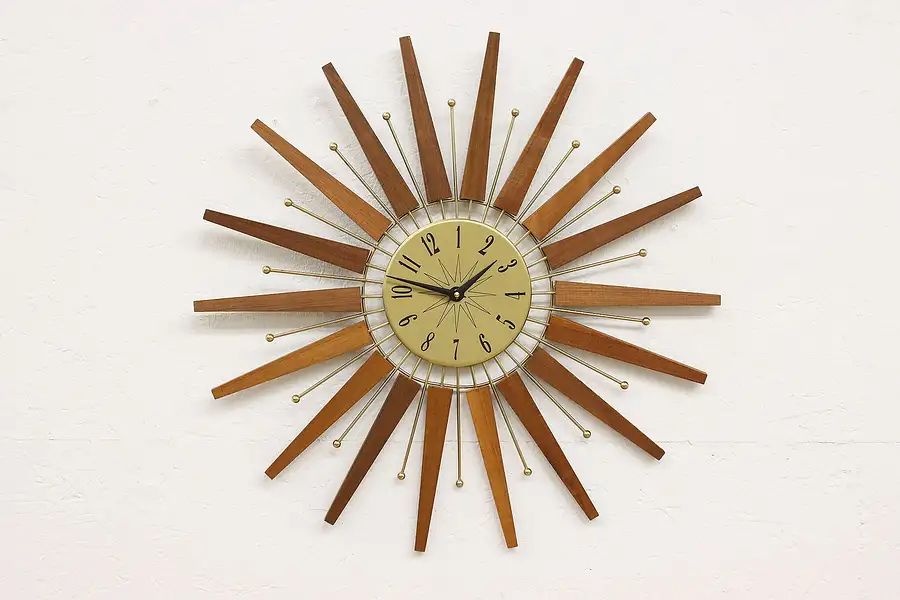 Main image of Midcentury Modern 60s Vintage Teak Sunburst Wall Clock