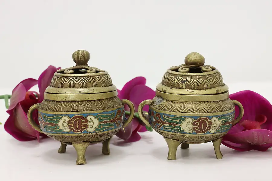 Main image of Pair of Antique Chinese Cloisonne Bronze Incense Burners