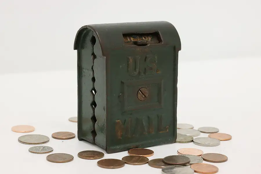 Main image of Cast Iron Antique Painted US Mail Mailbox Coin Bank