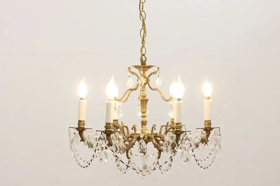 Main image of Traditional Antique 6 Arm Brass Chandelier w/ Crystal Prisms