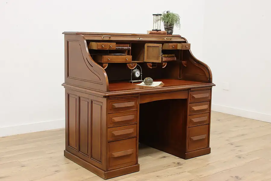 Main image of Roll Top Antique Walnut Office or Library Desk, Leather