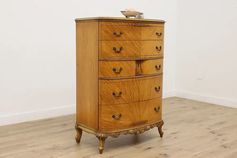 Main image of French Design Vintage Satinwood 5 Drawer Highboy Tall Chest