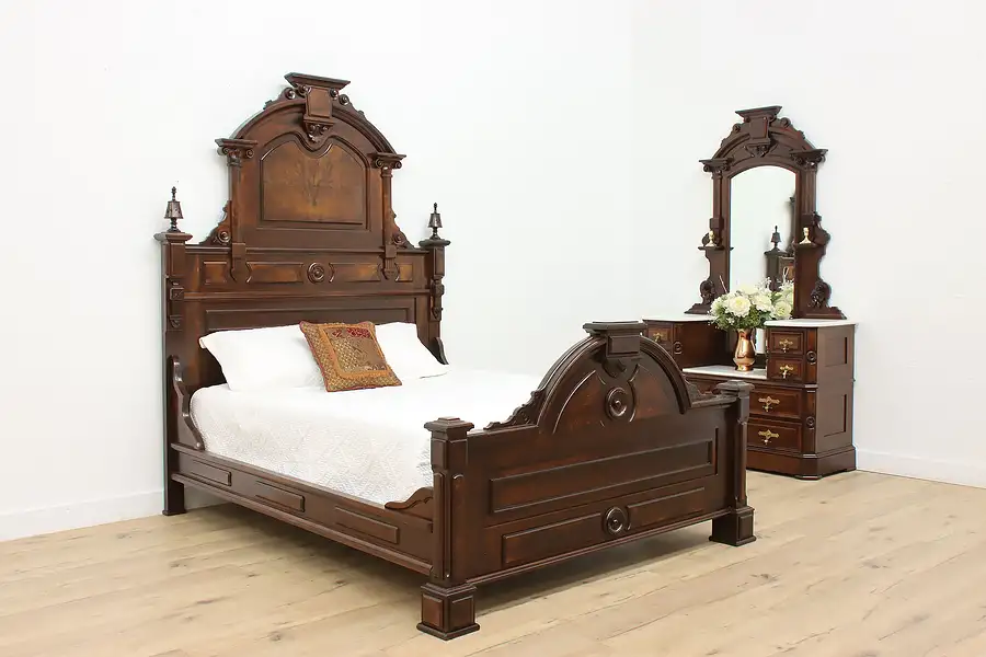 Main image of Victorian Antique Walnut 2 Pc Queen Size Bedroom Set, Marble