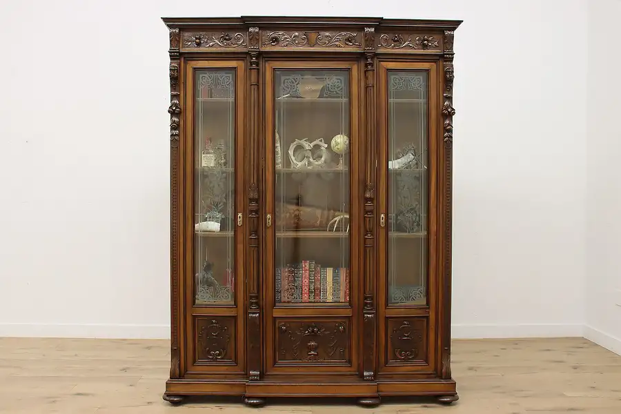 Main image of Renaissance Antique Walnut Bookcase or Display Carved Heads