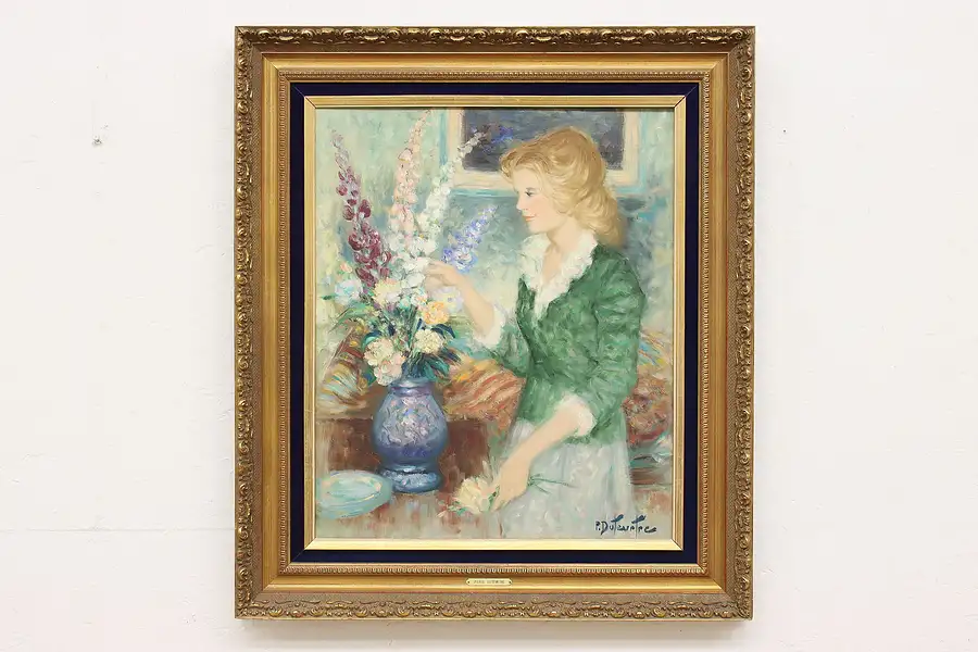 Main image of French Woman & Flowers Vintage Oil Painting Duteurtre 32.5"