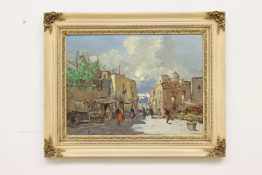 Main image of Market Scene Vintage Original Oil Painting Maresca 35"