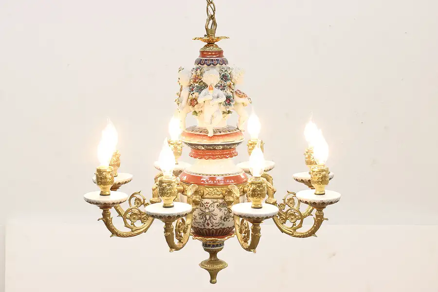 Main image of Cherub Vintage Brass & Porcelain 8 Arm Chandelier