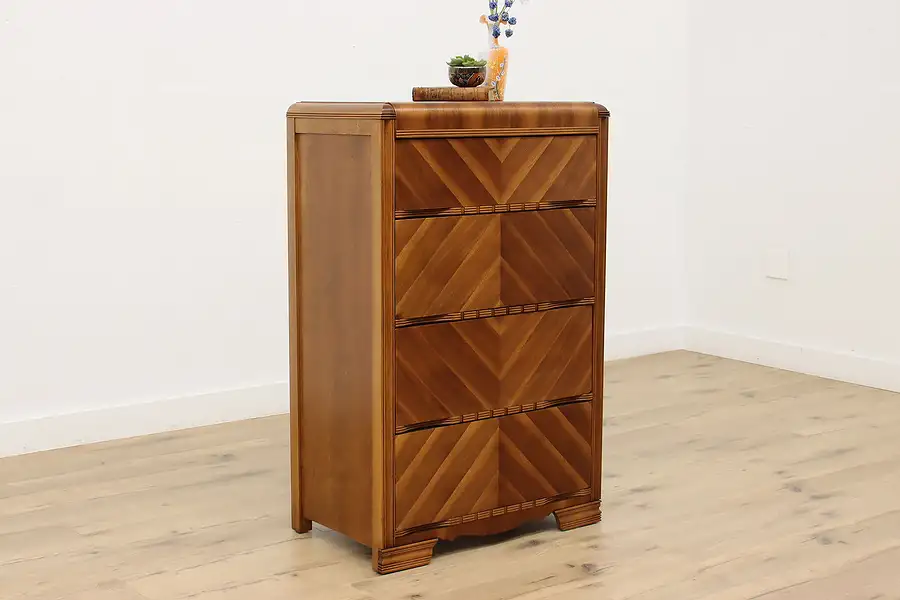 Main image of Art Deco 1930s Vintage Waterfall Walnut Highboy Tall Chest