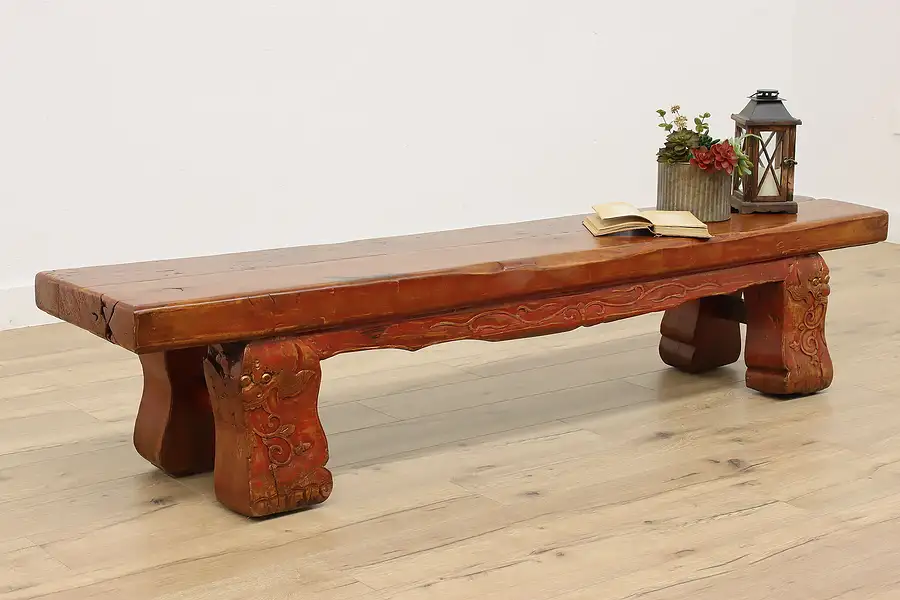 Main image of Chinese Antique Teak 82" Bench, Lacquer, Hand Carved Dragons