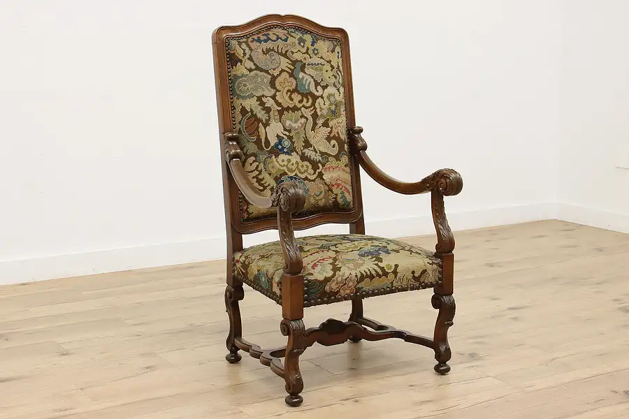 Main image of Renaissance Antique Needlepoint Tapestry Hall Throne Chair