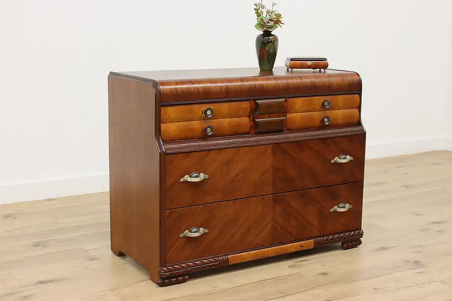 Main image of Art Deco Vintage Waterfall Chest or Dresser, Blue Bakelite Pulls