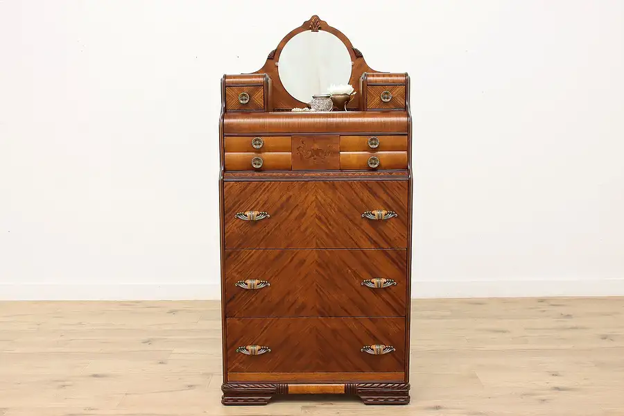 Main image of Art Deco Vintage Mahogany & Marquetry Highboy Dresser Mirror