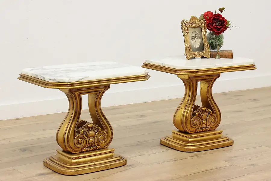 Main image of Pair of Vintage Hollywood Regency Gilt Tables Marble Weiman