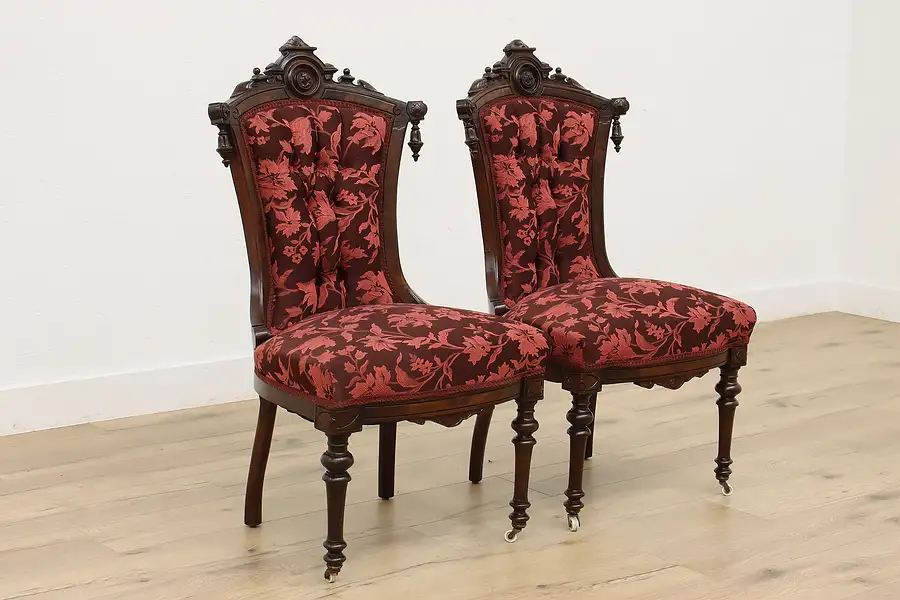 Main image of Pair of Victorian Antique Walnut Chairs, Carved Portraits