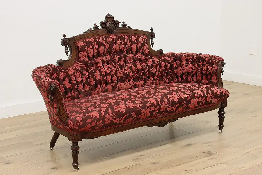 Main image of Victorian Antique Walnut Loveseat or Sofa, Carved Portrait