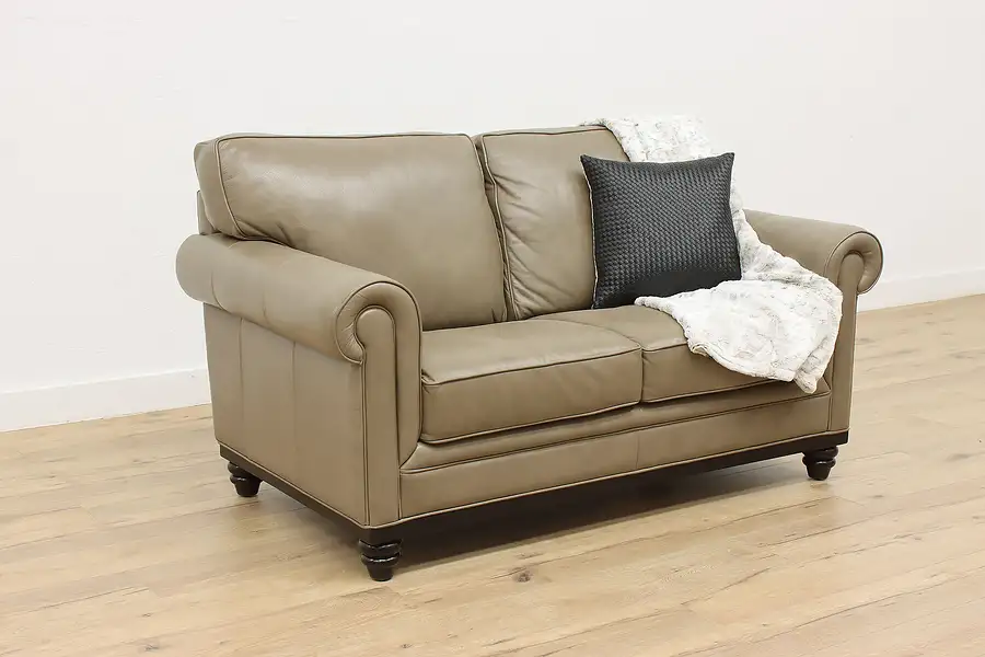 Main image of Traditional Grey Leather Loveseat Small Sofa, Martha Stewart