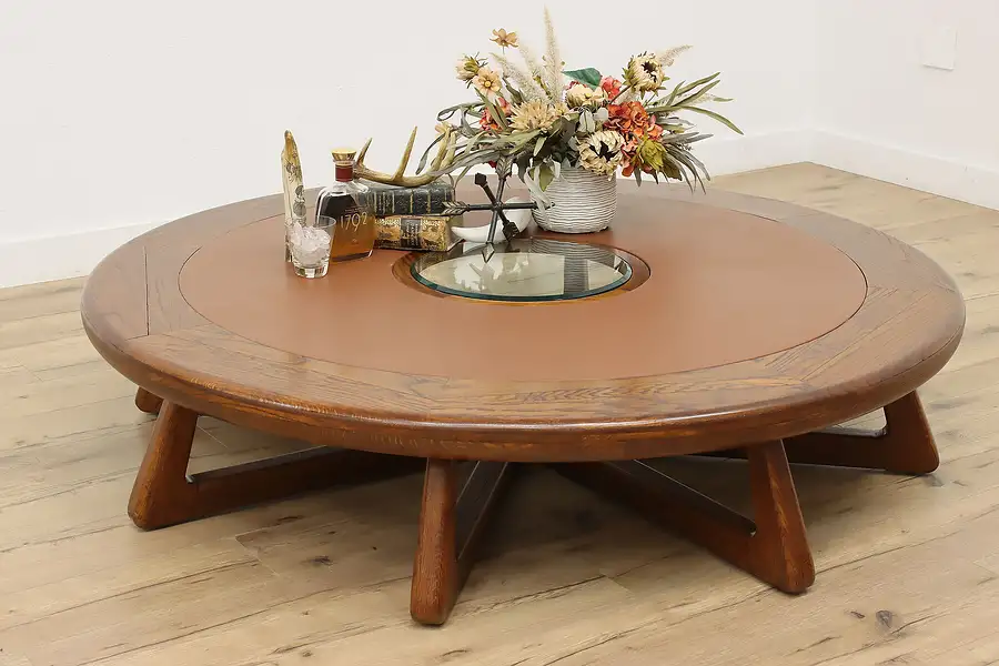 Main image of Farmhouse 66" Round Oak & Leather Coffee Table, Horse Head