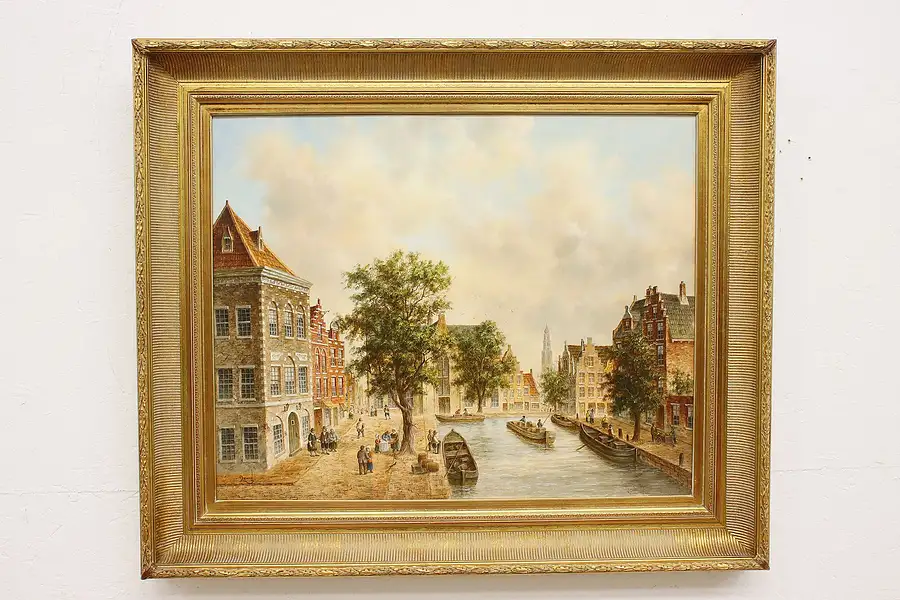 Main image of Dutch City & Canal Vintage Original Oil Painting Lewan 38.5"