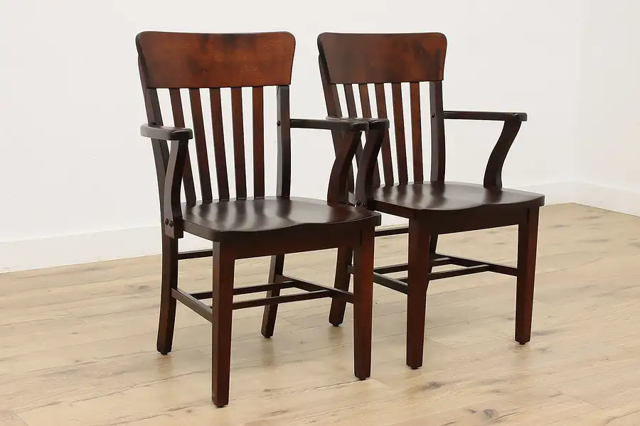 Main image of Pair of Antique Birch Banker Office Library Chairs Heywood