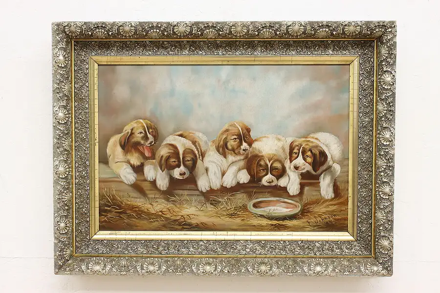 Main image of St. Bernard Puppies Antique 1893 Oil Painting Johnson 31"