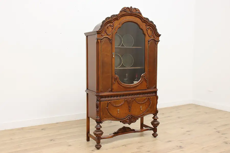 Main image of Tudor Antique Carved Walnut China, Bar, or Display Cabinet