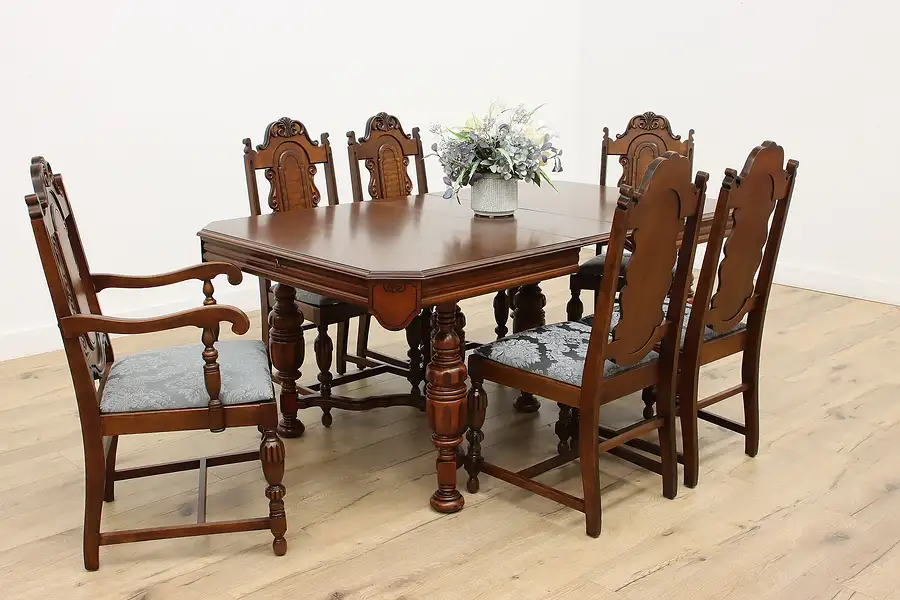 Main image of Tudor Antique Dining Set Table Butterfly Leaf, 6 Chairs