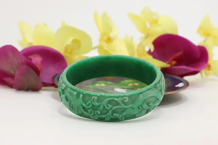 Main image of Chinese Vintage Carved Jade Bangle or Bracelet, Dragons