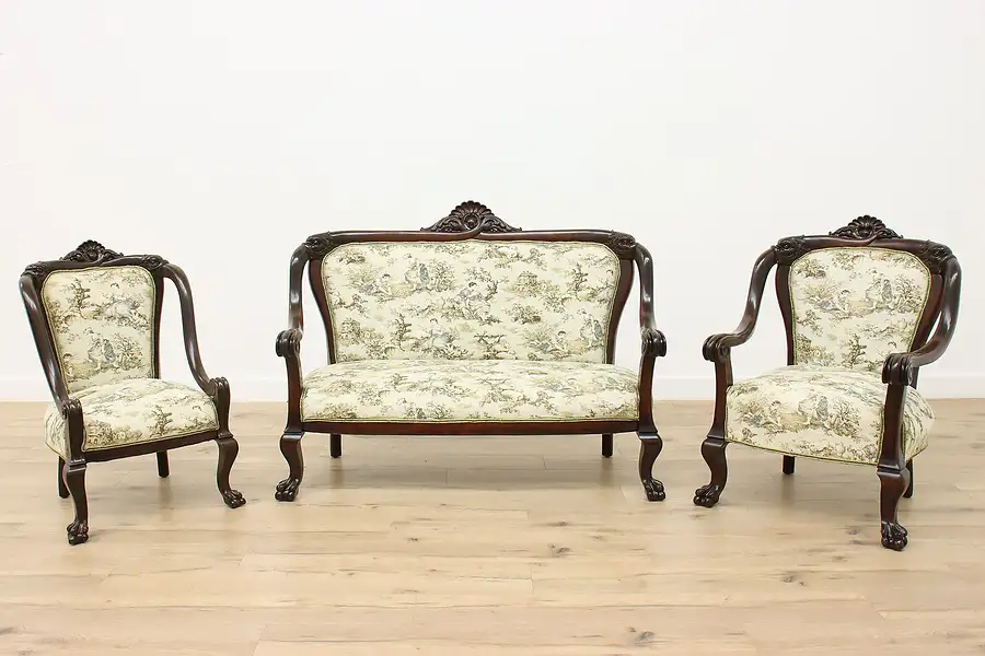 Main image of Art Nouveau Antique 3 pc Carved Settee & Chair Set, Dolphins