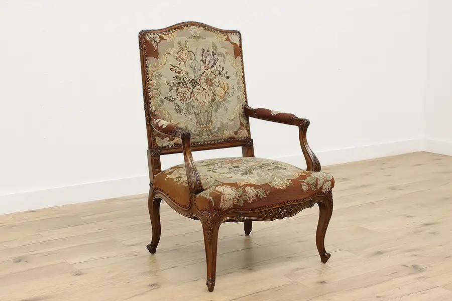 Main image of Country French Antique Carved Chair, Floral Needlepoint