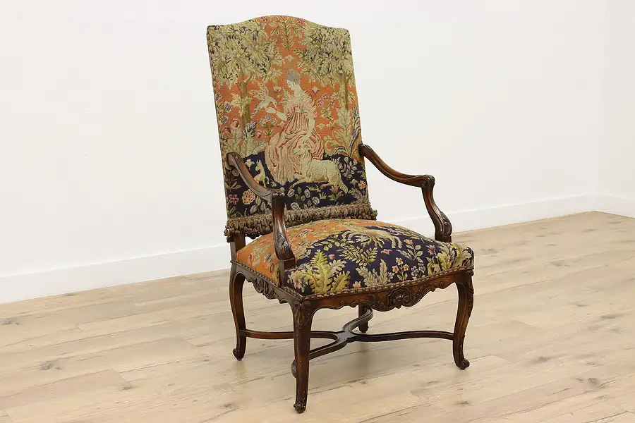 Main image of Country French Antique Hall Throne Chair Needlepoint Unicorn