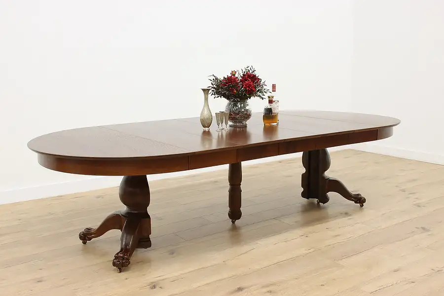 Main image of Victorian Carved Oak Antique 10' Dining Table, 5 Leaves