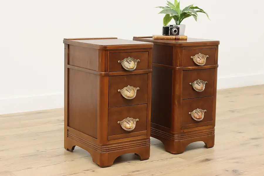 Main image of Pair of Art Deco Vintage Walnut Nightstands, Bakelite Pulls