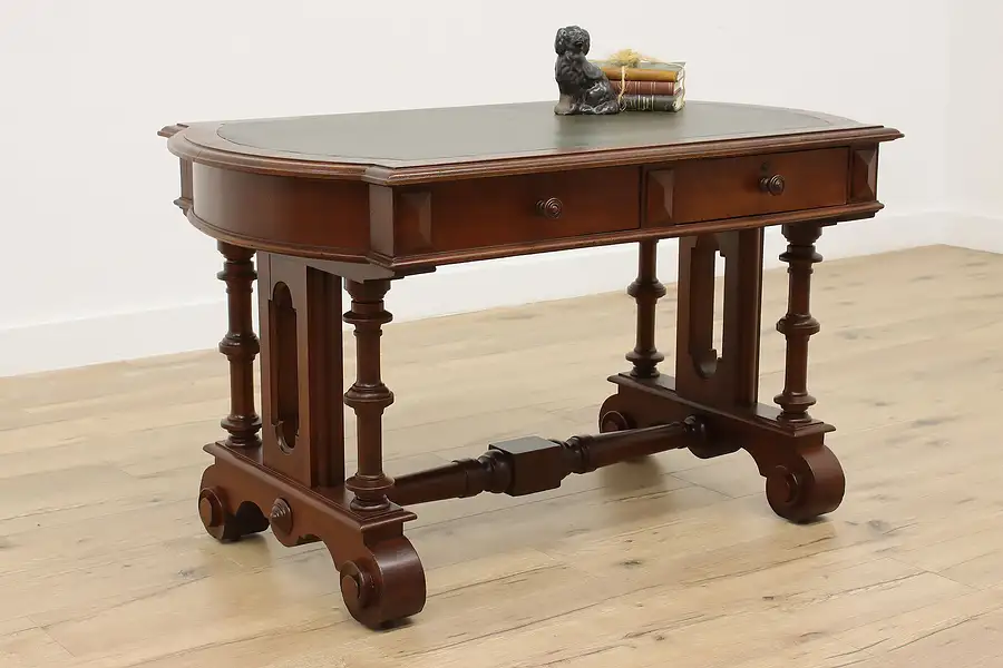 Main image of Victorian Antique Leather Top & Carved Walnut Library Table