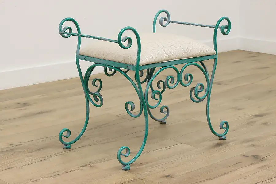 Main image of Hollywood Regency Vintage Painted Wrought Iron Hall Bench