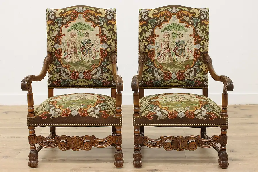 Main image of Pair Renaissance Antique Needlepoint Tapestry Throne Chairs