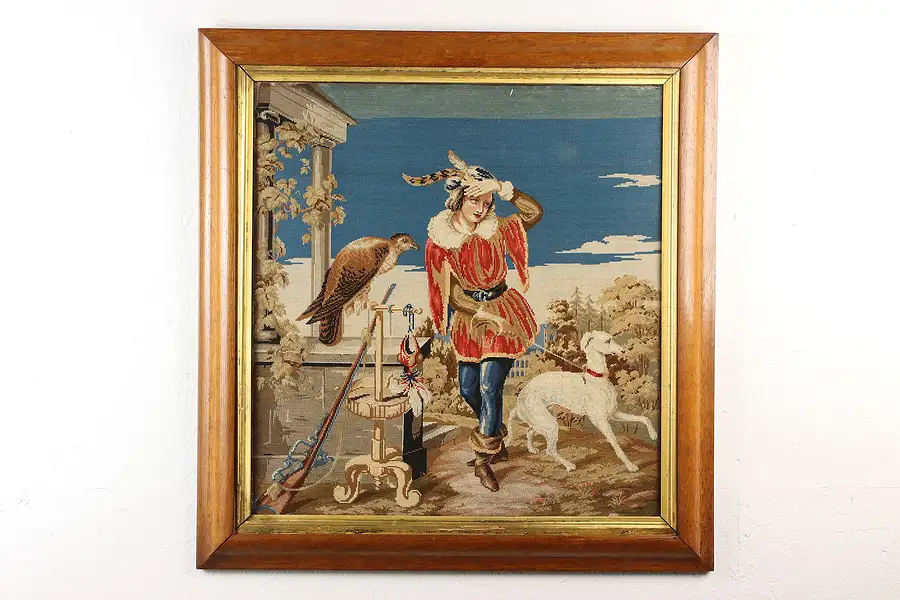 Main image of Renaissance Falconer Antique Framed Petit Point Tapestry 28"