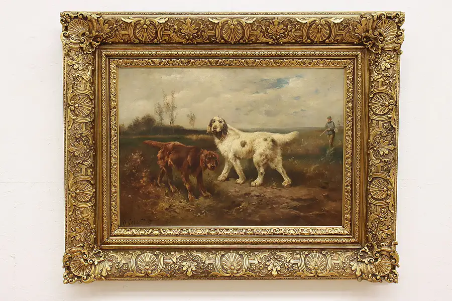 Main image of Dogs & Hunter Antique Original Oil Painting Schouten 48.5"