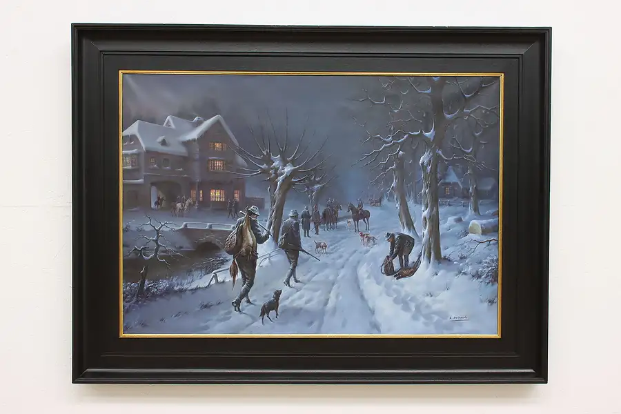 Main image of Hunters in Winter Vintage Original Oil Painting DeCraene 63"