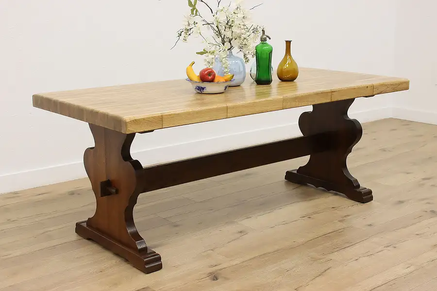 Main image of Farmhouse Vintage Oak Dining Table Trestle Base Parquet Top