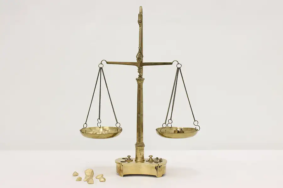 Main image of Victorian English Antique Brass Balance Scale w/ Weights