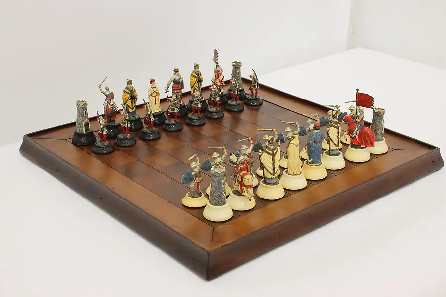 Main image of Medieval Antique Chess Set, Walnut Board & Painted Pieces