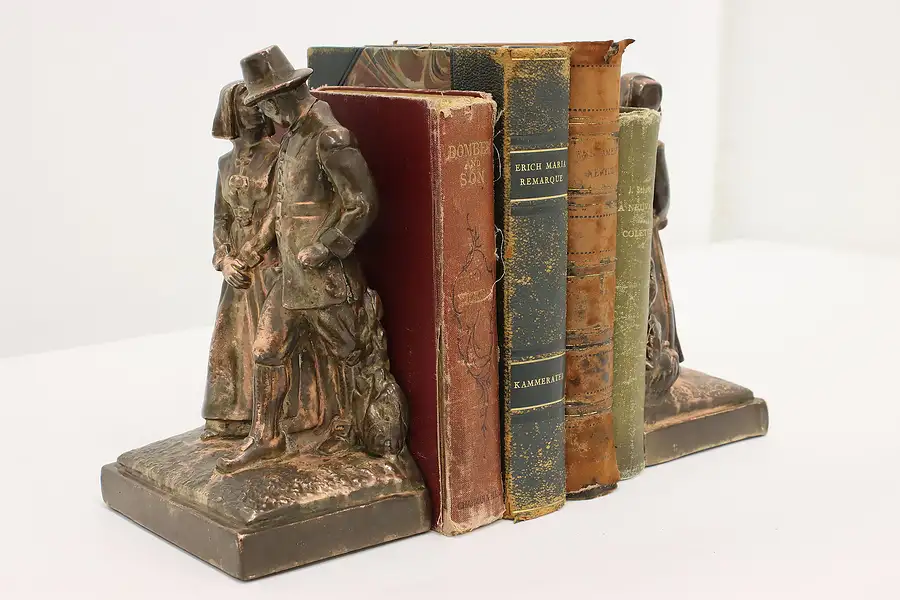 Main image of Pair of Vintage Bronze Finish Pilgrim Couple Bookends, Armor