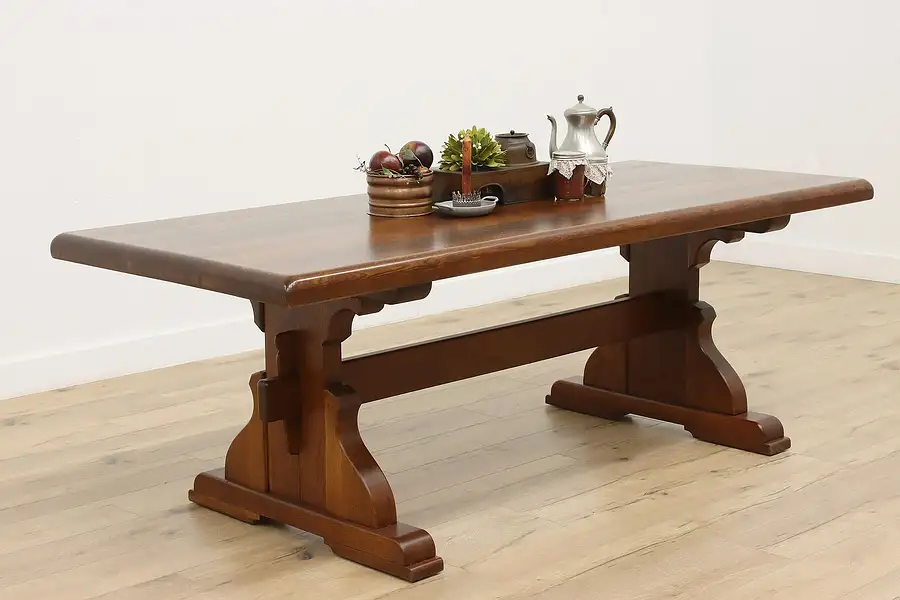 Main image of Farmhouse Antique Oak Trestle Base Kitchen or Dining Table