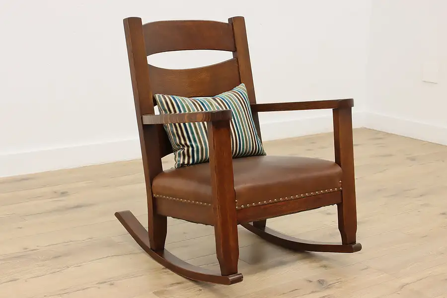 Main image of Arts & Crafts Mission Oak Antique Rocking Chair, Leather