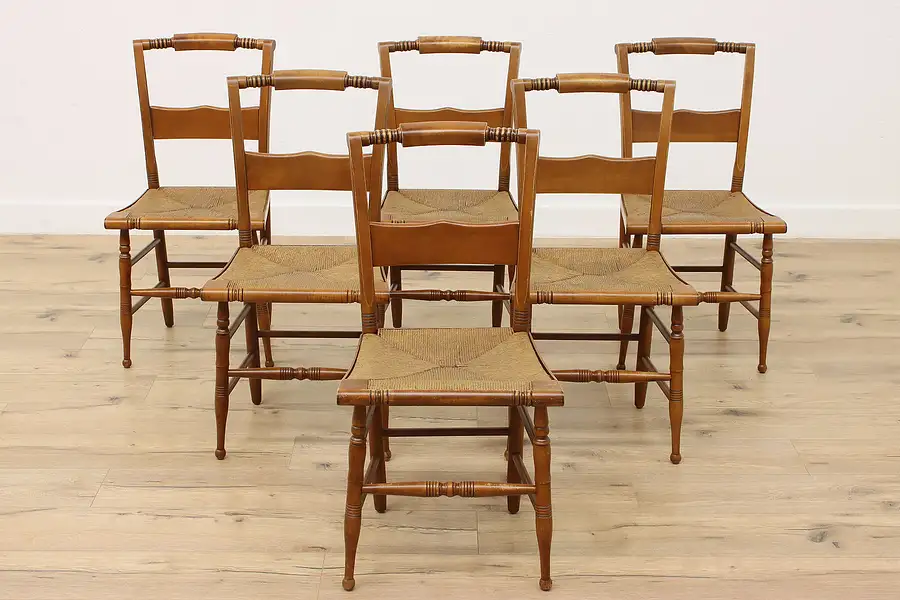 Main image of Set of 6 Farmhouse Antique Birch & Rush Seat Dining Chairs