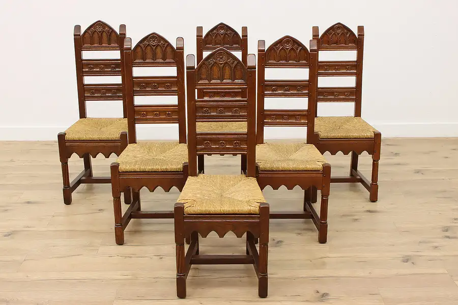 Main image of Set of 6 Gothic Antique Carved Oak Dining Chairs Rush Seats