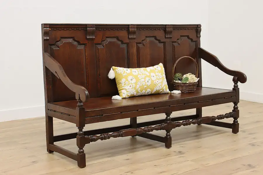 Main image of Tudor Design Antique Carved Oak Settee, Hall or Porch Bench