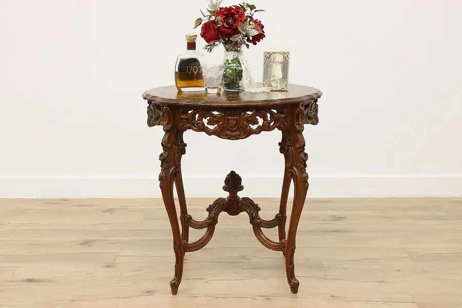 Main image of French Design Antique Walnut & Marquetry Center Entry Table