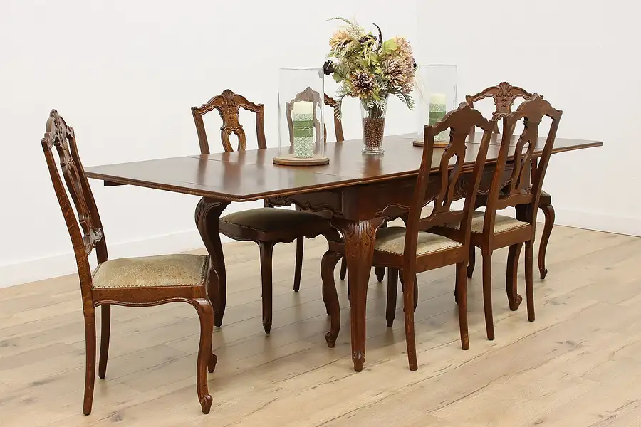 Main image of Country French Antique Oak Dining Set, Table & 6 Chairs