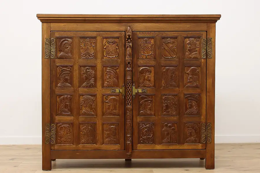 Main image of Gothic Antique Oak Armoire Closet Wardrobe, Carved Knights